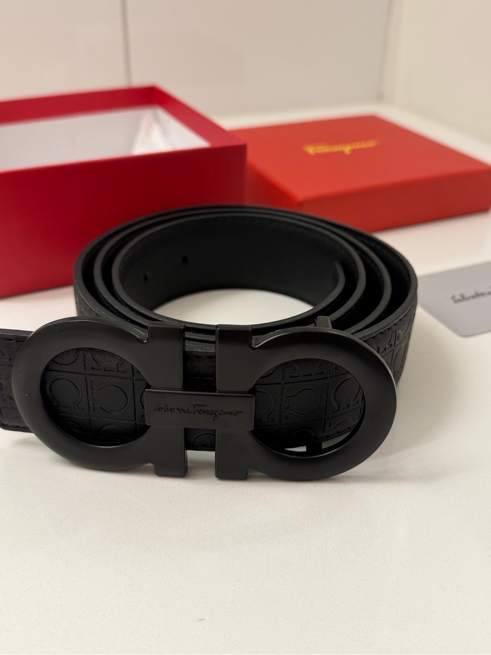 Salvatore Ferragamo Black Leather Gancini Belt Size 46/120 All Black w/ Box